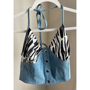 Cider Zebra Print Denim Crop Top